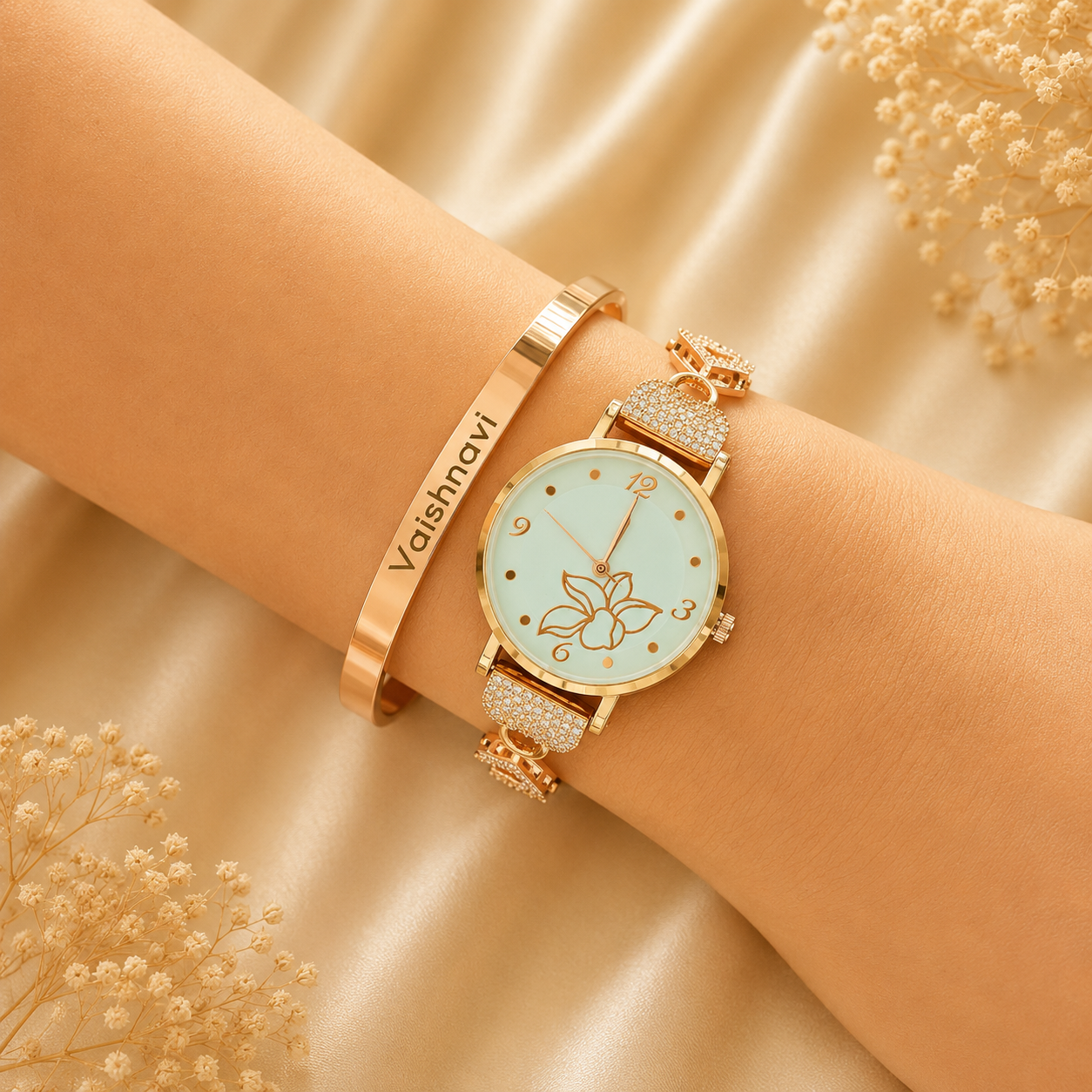 Floral Grace Watch with Personalised Bracelet Stack