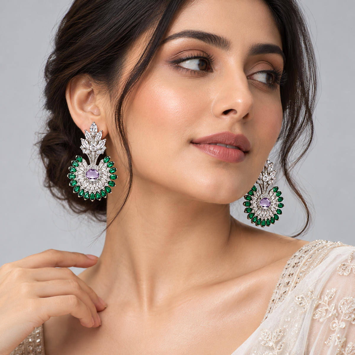 Emerald Green & Lavender Floral Statement Earrings