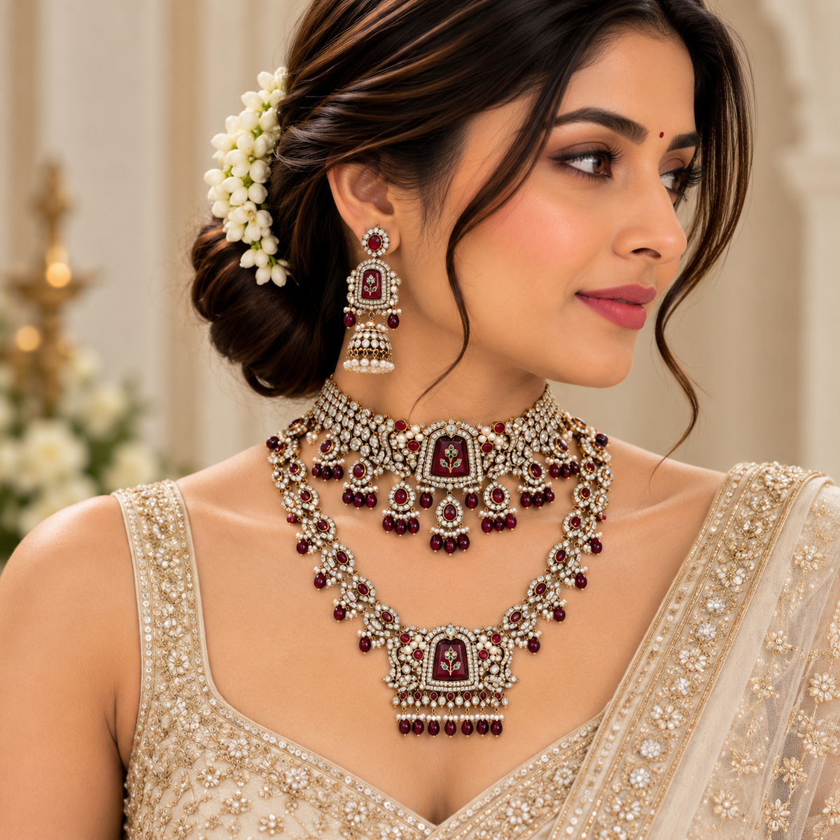 Traditional Ruby Pearl Kundan Bridal Set