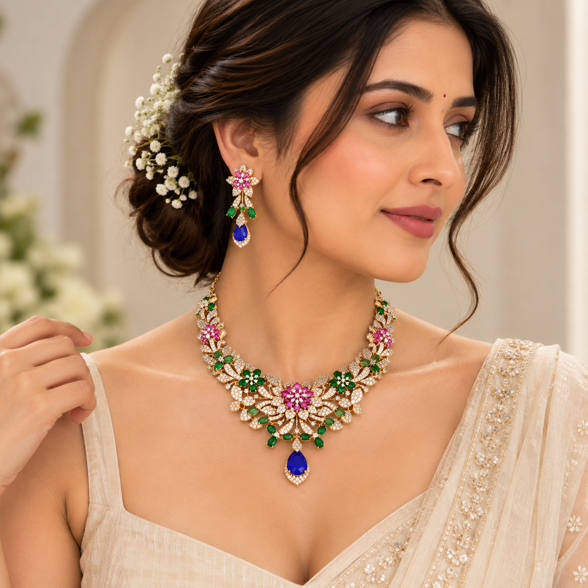 Royal Blue Sapphire Floral Gold Necklace Set