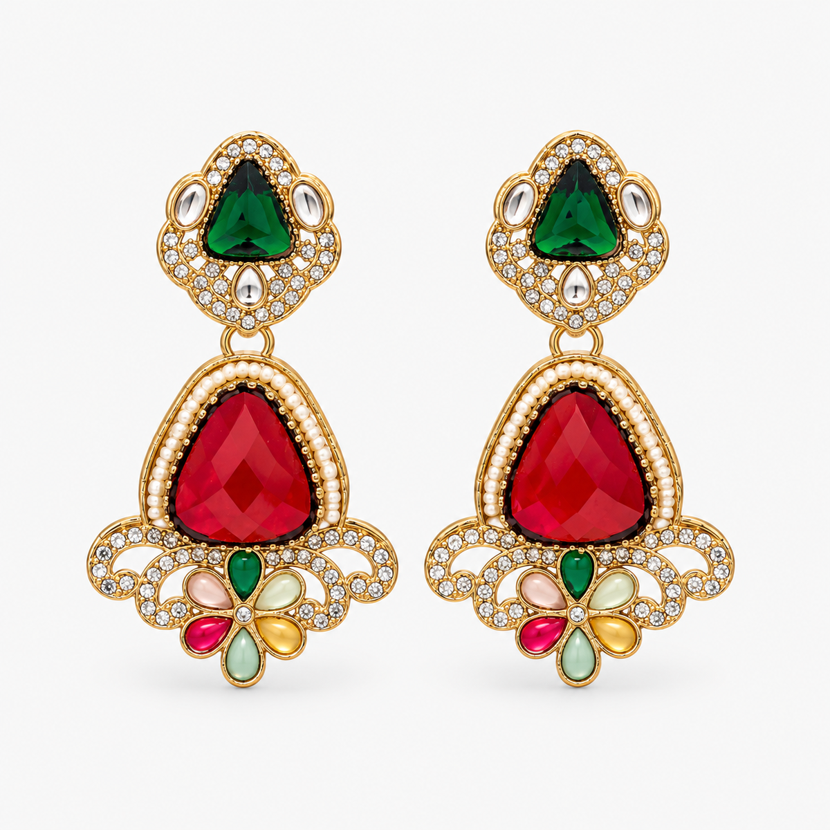Emerald Ruby Floral Drop Earrings